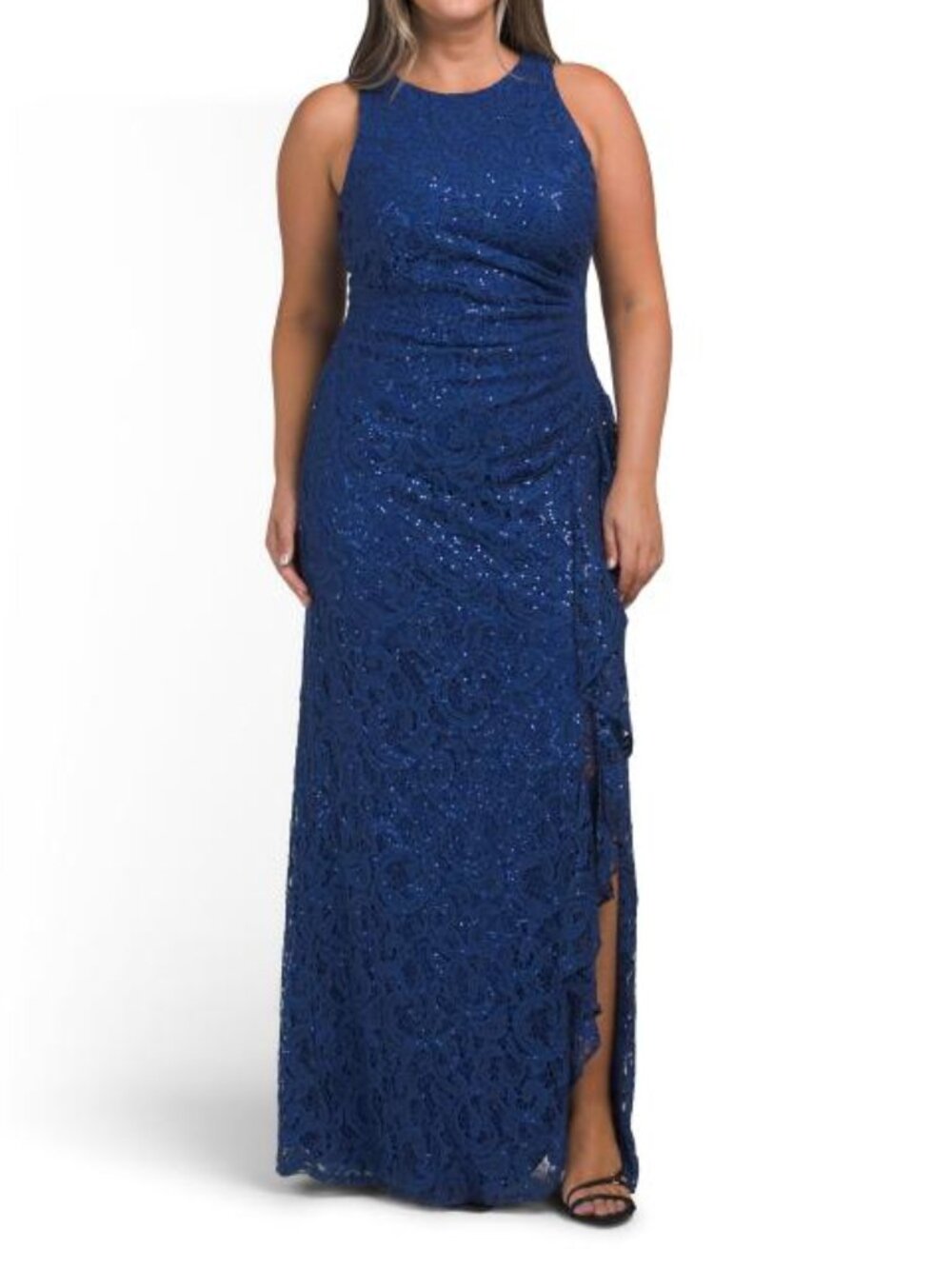 ALEX EVENINGS Royal Cascade Ruffle Front Sleeveless Lace Dress With Slit